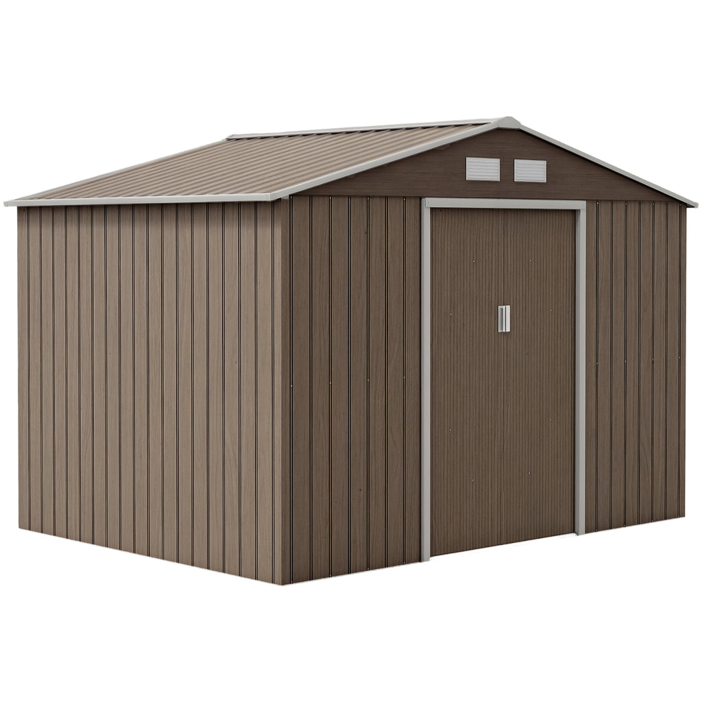 9 x 6ft Garden Metal Storage Shed, Outdoor Storage Tool House with Vents, Foundation and Lockable Double Doors, Brown