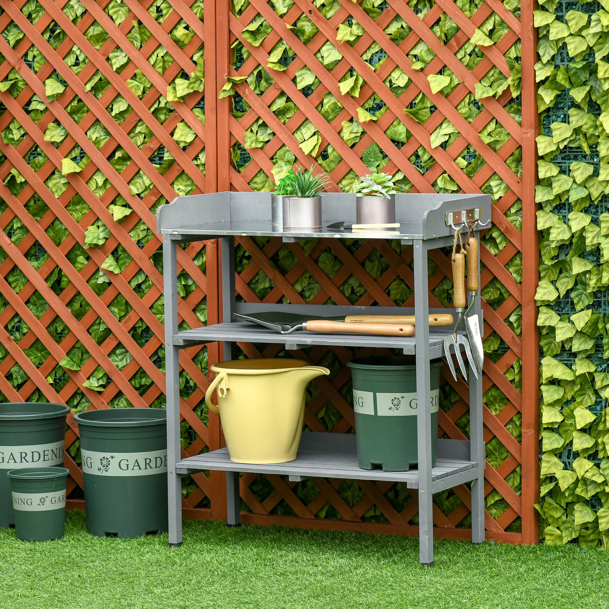  Pflanztisch Gärtnertisch Blumentisch mit Metall Arbeitsfläche Garten Holz Grau 76 x 37 x 89 cm