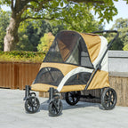 Hundewagen, Faltbarer Hundebuggy für mittelgroße Hunde, Haustierwagen mit 4 Rädern, Sicherheitsleinen, Bremsen, Braun