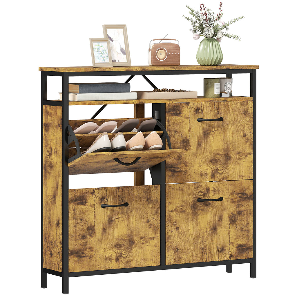 Shoe Storage Cabinet with 4 Flip Drawers and Open Shelf - Rustic Brown