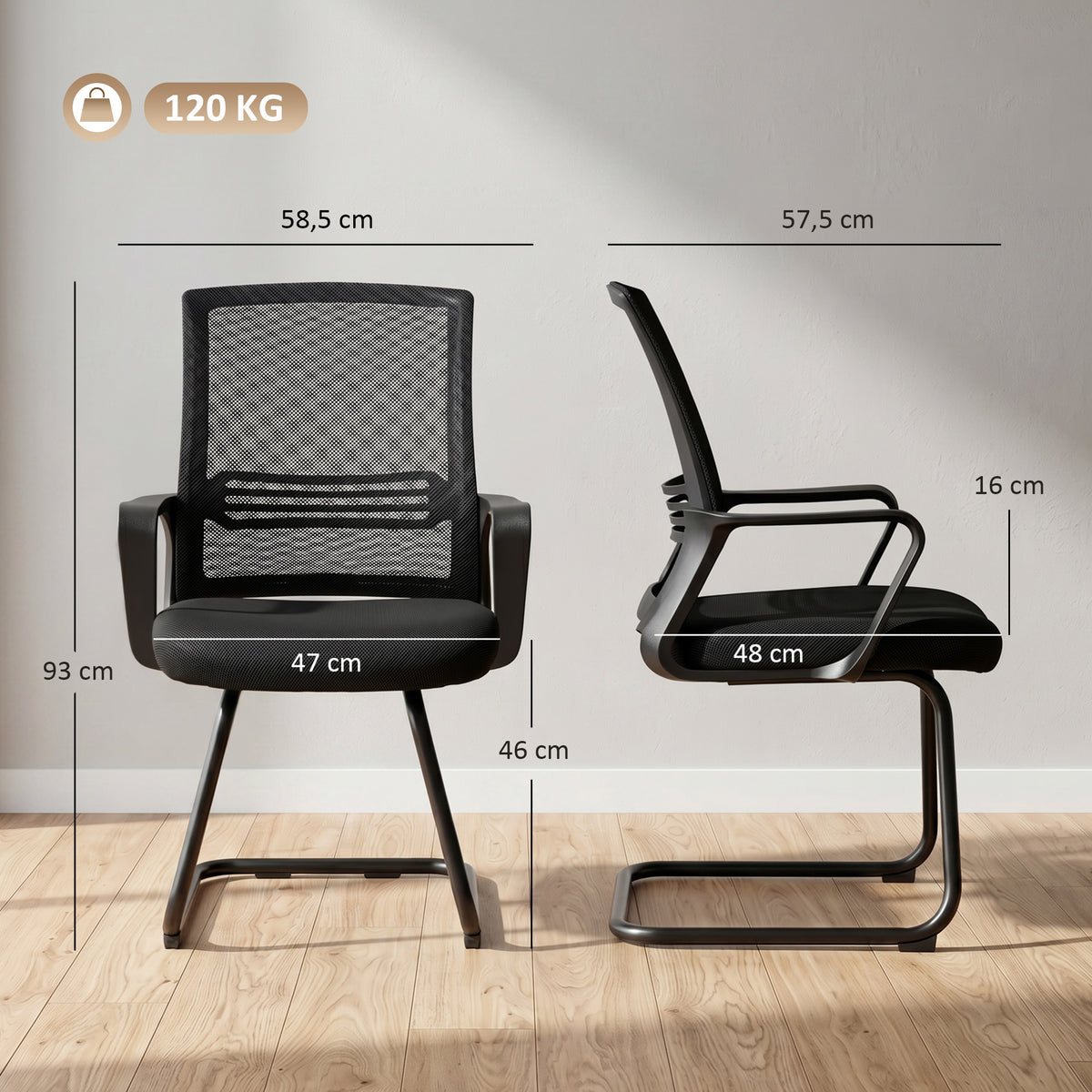 2er-Set ergonomische Schreibtischstühle ohne Rollen, gepolsterte Konferenzstühle mit Kufengestell für Wartezimmer und Empfang, Schwarz
