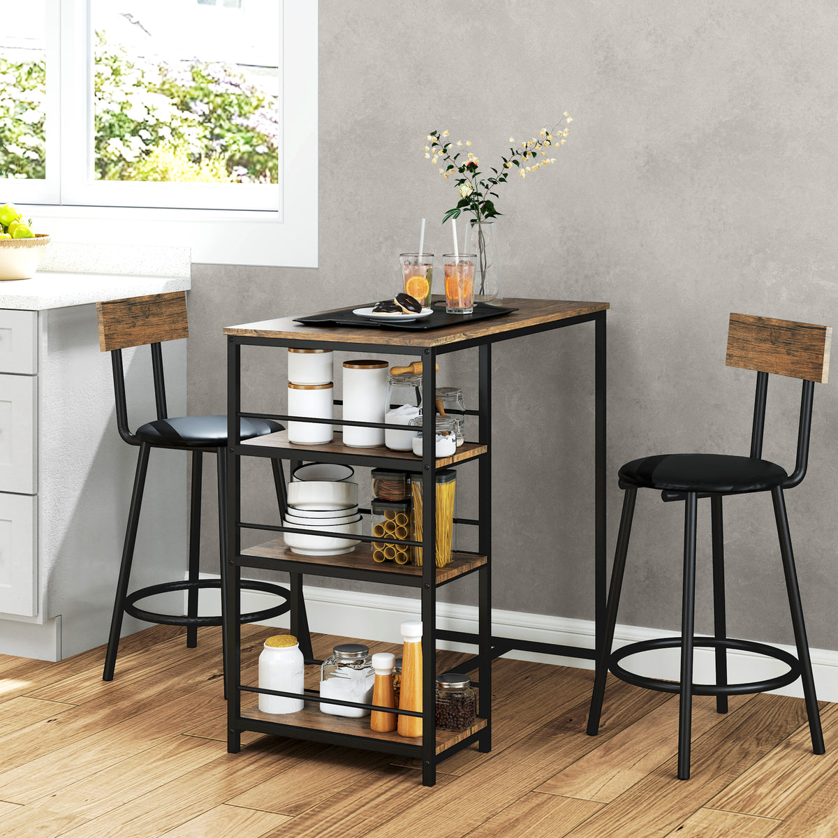 3-teiliges Ess-Set mit Bartisch und 2 Stühlen, Kleines Küchenset mit seitlichen Regalen, MDF, Metall, Schwarz