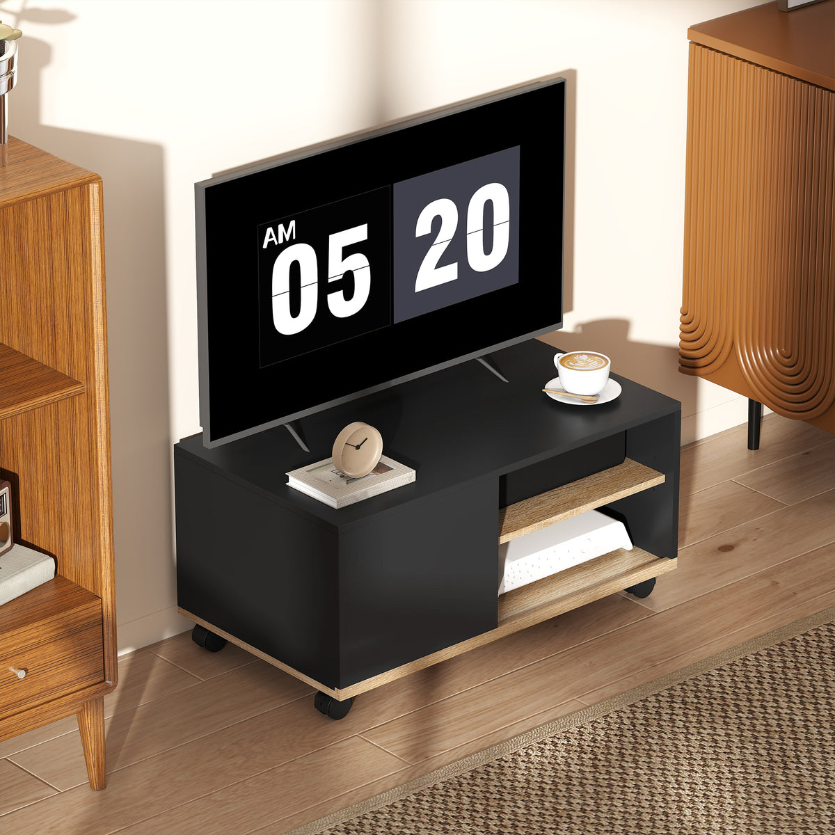 TV-Board auf Rollen mit Bremsen, TV-Möbel mit Schrank und verstellbarer Ablage, Schwarz und Eiche