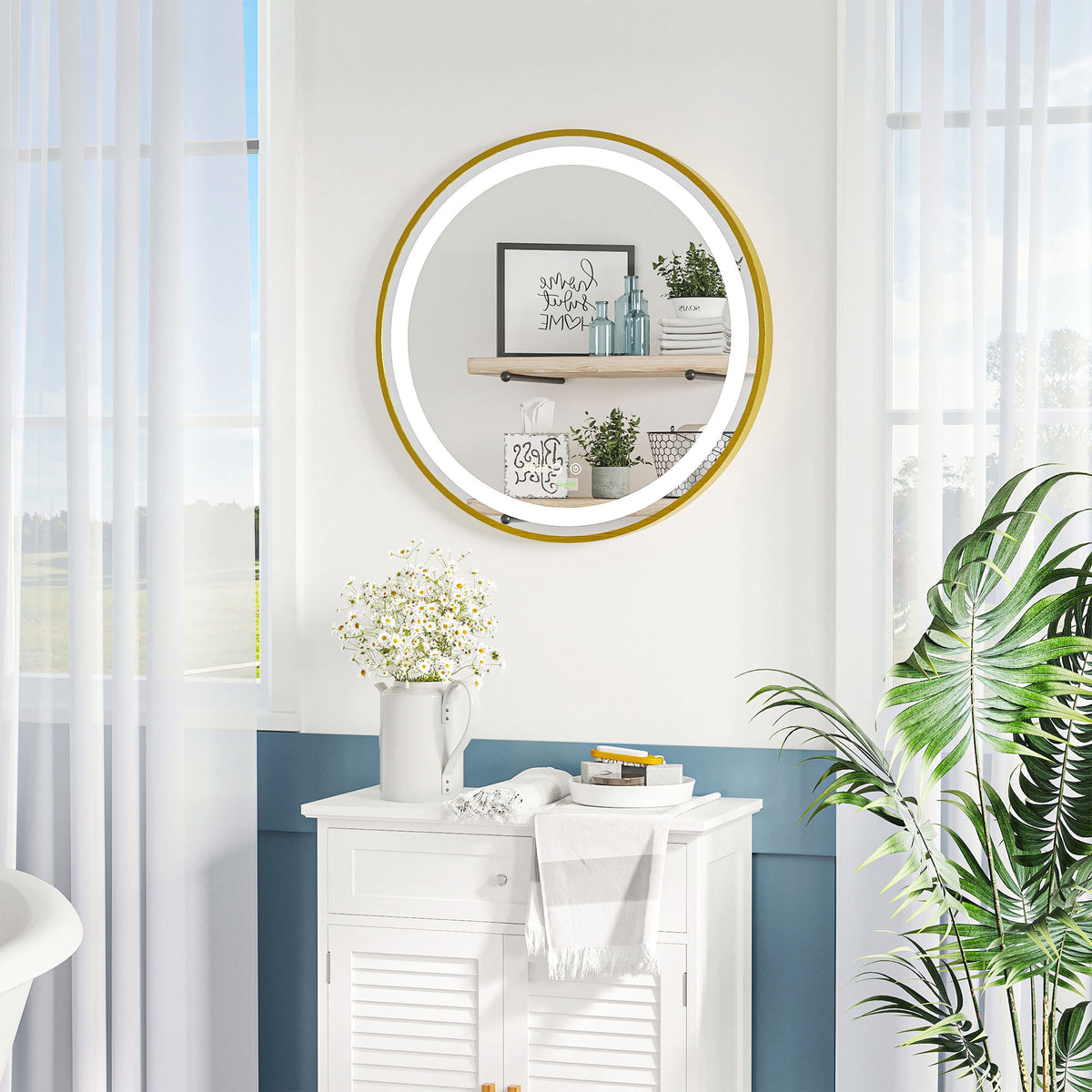 Round LED Bathroom Mirror, Dimmable Lighted Wall Mount Mirror with 3 Colours, Time Display, Memory Function, Hardwired