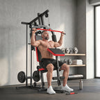Kraftstation Fitnessstation mit Latzug, Butterflystange, verstellbar Preacher Bank, Beintrainer, bis 120kg Schwarz+Rot