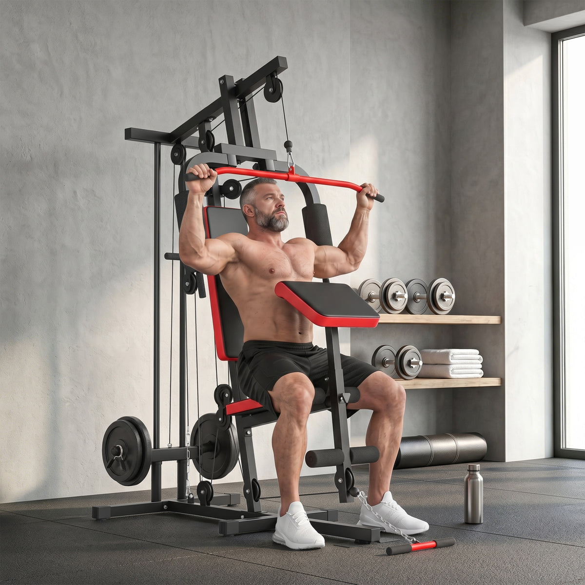 Kraftstation Fitnessstation mit Latzug, Butterflystange, verstellbar Preacher Bank, Beintrainer, bis 120kg Schwarz+Rot