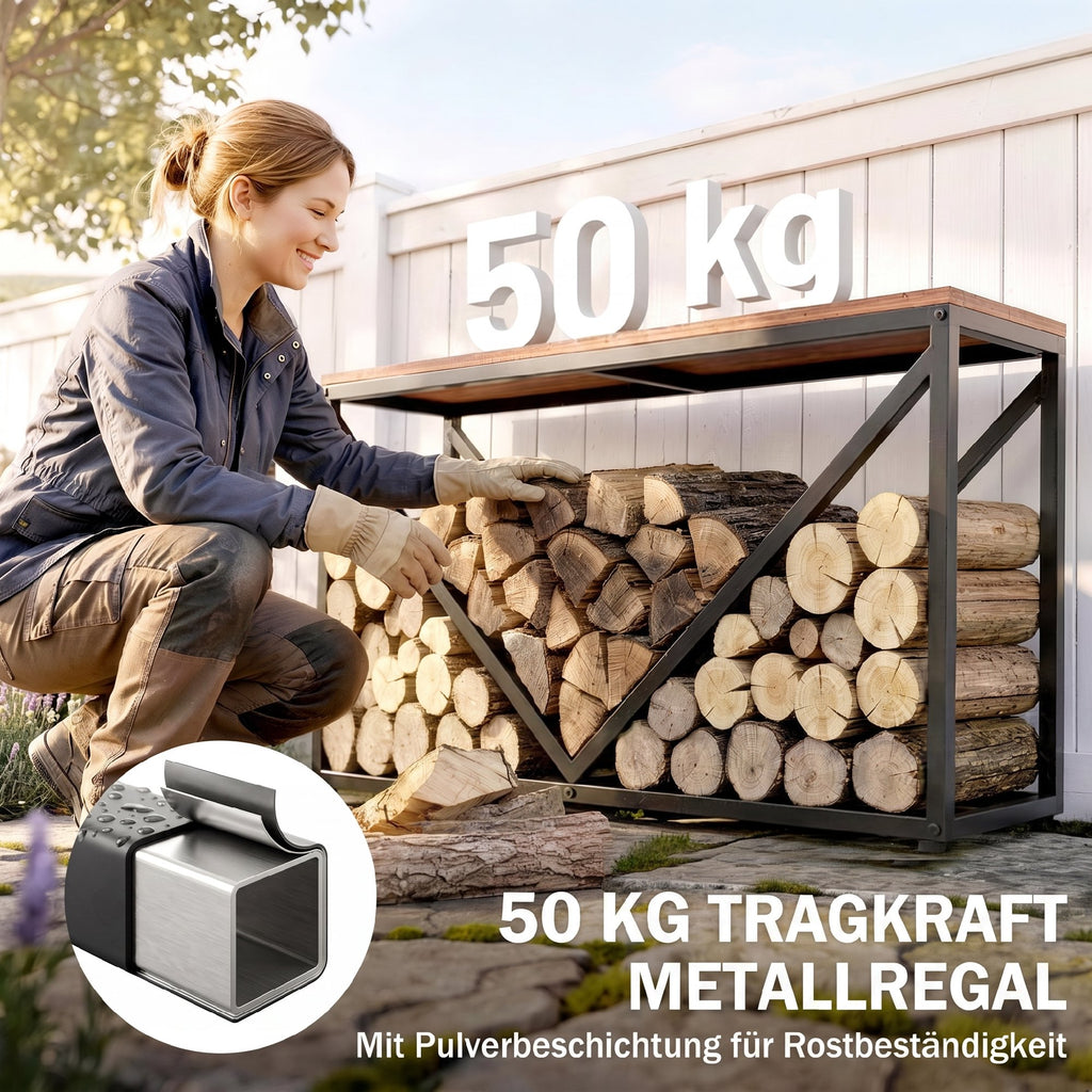 2-in-1 Kaminholzregal für innen 98 x 28 x 50 cm erhöhtes Brennholzregal mit Ablage Trennwand Beistelltisch