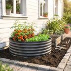 Galvanised Raised Garden Bed with Safety Edging, Outdoor Raised Planter Box with Gloves, 120 x 120 x 43cm, Dark Grey