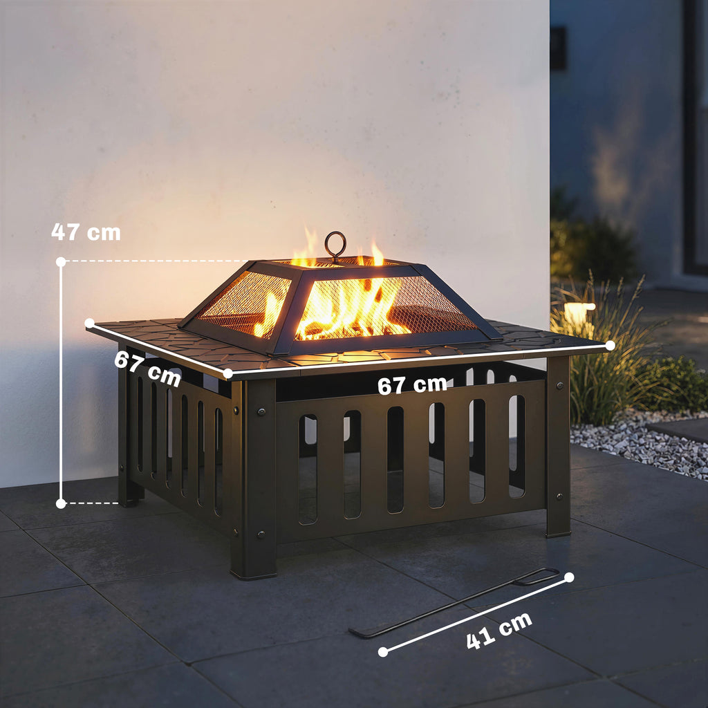 Feuerschale aus Stahl Feuerstelle mit Funkenschutz Schürhaken für Outdoor BBQ Camping 67x67x47cm Schwarz
