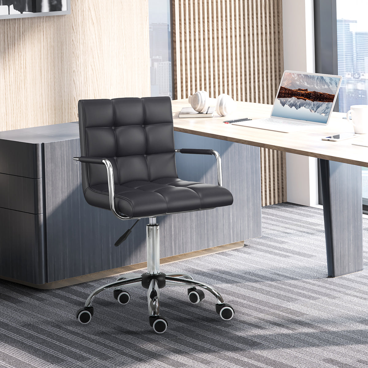 Bürostuhl im Retrodesign, höhenverstellbar, 5 Rollen, 52,5 cm x 54 cm x 99 cm, Schwarz