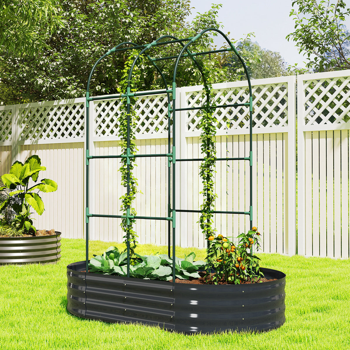 Galvanised Raised Garden Bed with Arched Trellis, 5 x 3 x 6ft Metal Raised Bed for Garden with Open Bottom, Dark Grey