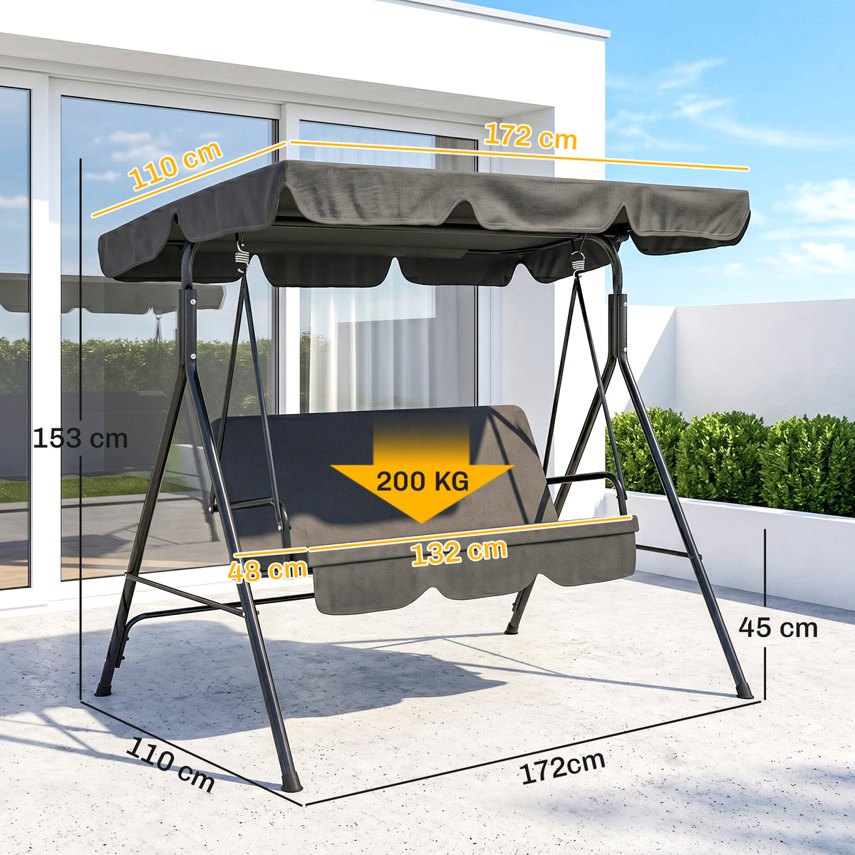 Three-Seater Garden Swing Chair, with Adjustable Canopy - Black