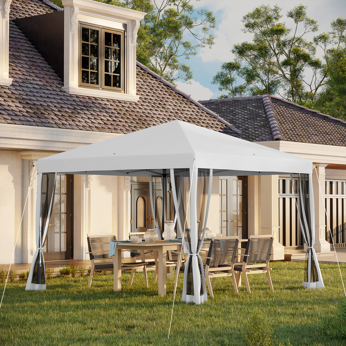 Faltpavillon, Faltzelt mit Seitenw?nden inkl. Tragetasche, Gartenpavillon, Metall, Oxfordstoff, 3 x 3 m, Cremewei?