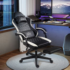 Gaming-Stuhl mit Fu?st¨¹tze, Computerstuhl mit Kopfst¨¹tze & Kissen, Kunstleder-Bezug, drehbar, h?henverstellbar, Metall, Kunststoff, Schwarz+Wei?