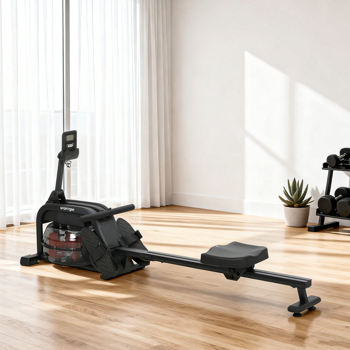 Rudergerät für Training, Rudermaschine mit 6-11 L Wassertank, LCD-Monitor, Handyhalter, 135 kg Tragfähigkeit, Stahl, Schwarz