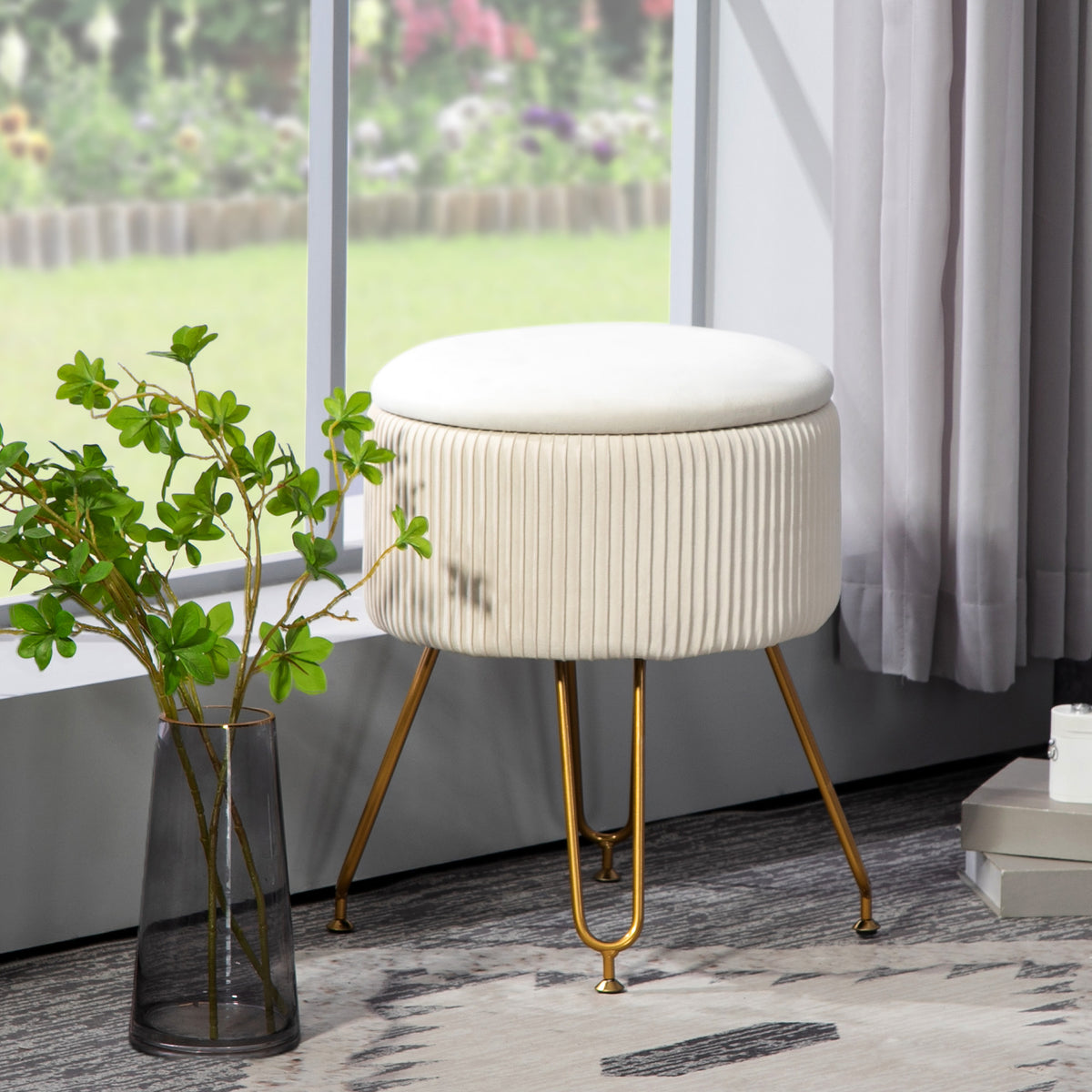 2-in-1-Aufbewahrungshocker mit Metallbeinen, runder Fu?hocker f¨¹r Wohnzimmer, Schlafzimmer, Flur, Cremewei?