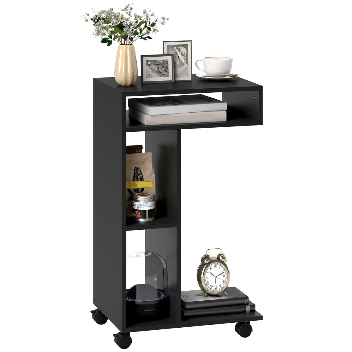 Beistelltisch C-Form Nachttisch mit 4 Regalen, Rollen, Couchtisch, Wohnzimmertisch Laptoptisch für Wohnzimmer Schlafzimmer 40 x 30 x 69 cm Schwarz