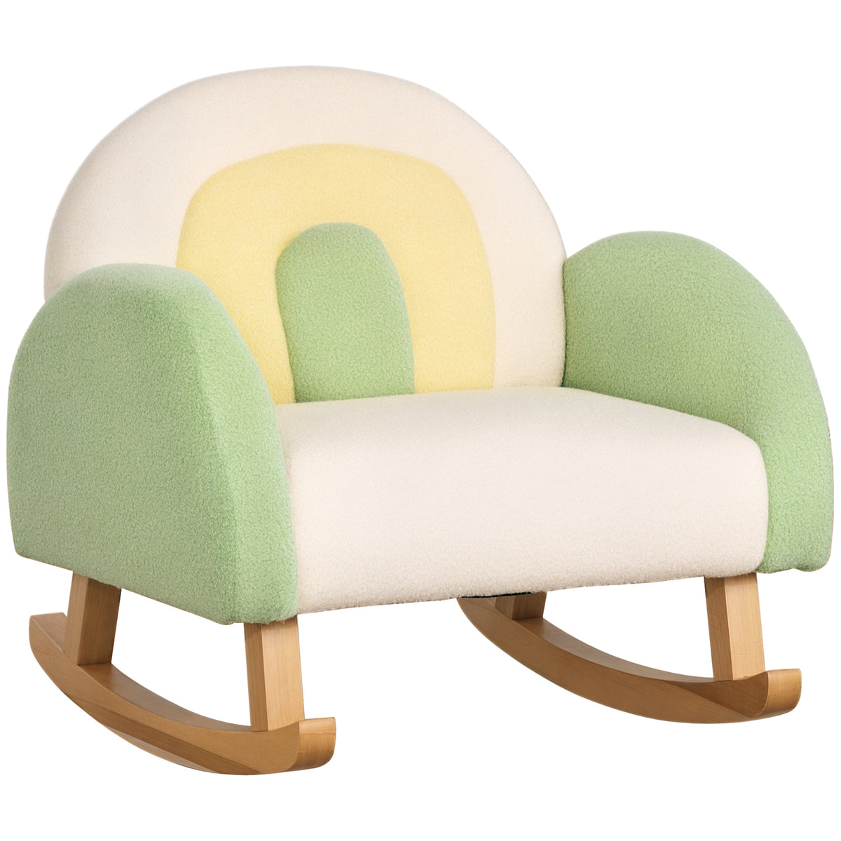 Schaukelstuhl für Kleinkinder Niedliches Design, Schaffell-Imitat, Eukalyptusholz Grün + Gelb Beige