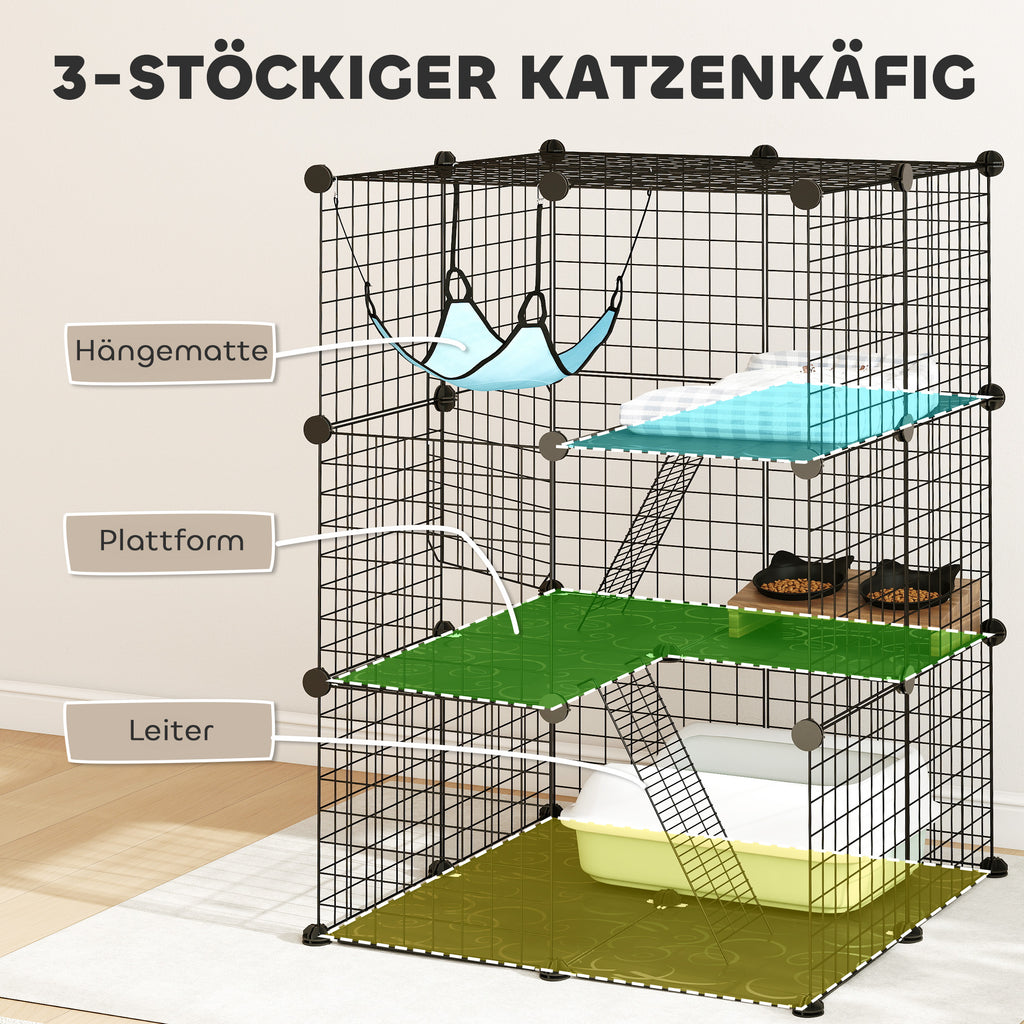 Indoor Cat Cage DIY Customizable 3-Tier Indoor Cat Enclosure with 3 Doors and Hammock 105 cm Black