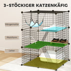 Indoor Cat Cage DIY Customizable 3-Tier Indoor Cat Enclosure with 3 Doors and Hammock 105 cm Black