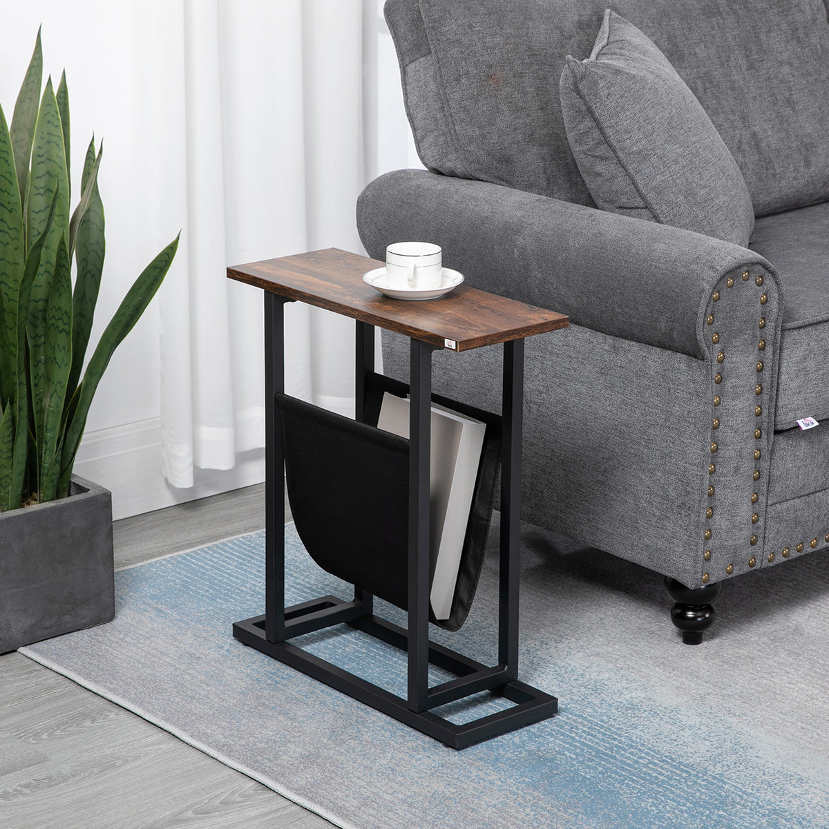 Beistelltisch, Nachttisch, schmales Design, mit Stofftasche, Stahl, dunkelbraun+schwarz, 49 x 19 x 55cm