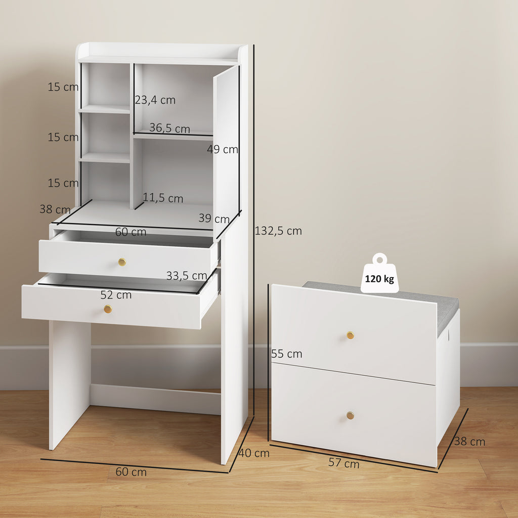 Schminktisch mit Spiegel und gepolstertem Hocker, kompakter Frisiertisch mit Schrank, Schubladen und offenen Ablagen, Weiß