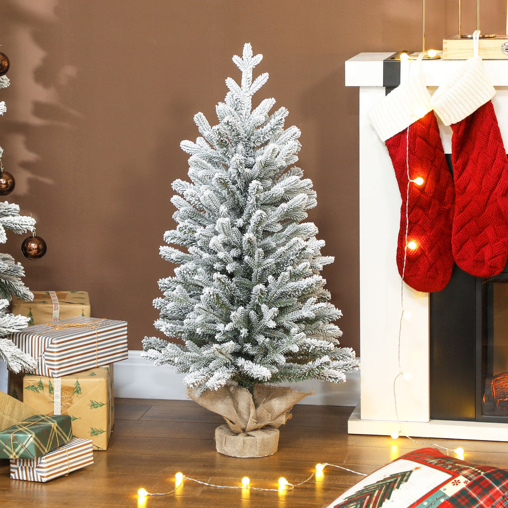 Mini Künstlicher Weihnachtsbaum 90 cm künstlich Tannenbaum mit Schnee, 486 Spitzen Zementbasis Leinenbezug