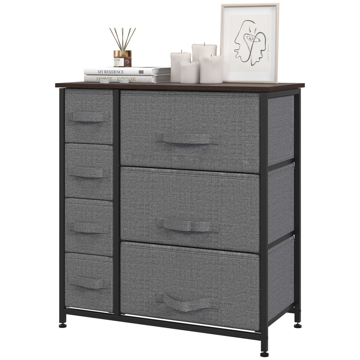 Chest of Drawers with 7 Drawers, Fabric Drawers with Large Storage Space, Drawers Dresser with Metal Frame, Adjustable Feet for Bedroom Living Room, Dark Grey