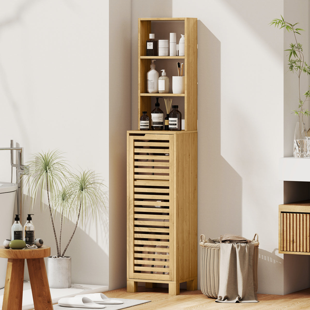 Badezimmerschrank schmal, Hochschrank mit 3 offenen Regalen, verstellbaren Regalen, Lamellent¨¹r, 34 x 30 x 170 cm Natur