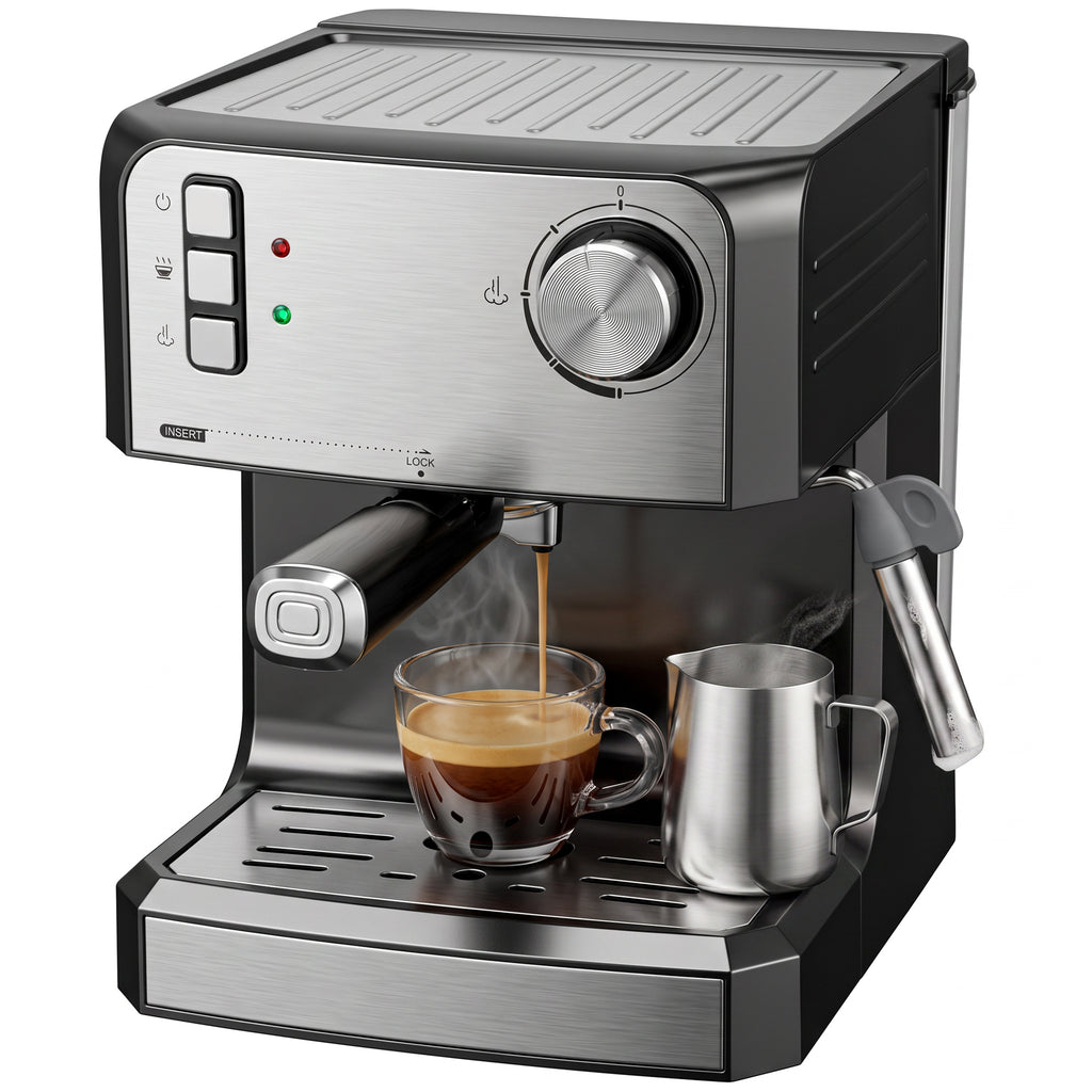 Espressomaschine, 20-Bar-Kaffeemaschine mit Milchaufschäumdüse, 1,6-l-Wassertank, Schwarz