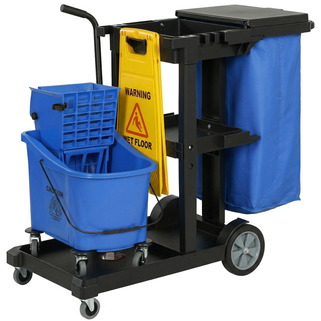 Reinigungskarre, Rollender Putzwagen mit 3 Ablagen, 70-Liter-Müllsack, Mop-Wringer-Eimer, Blau