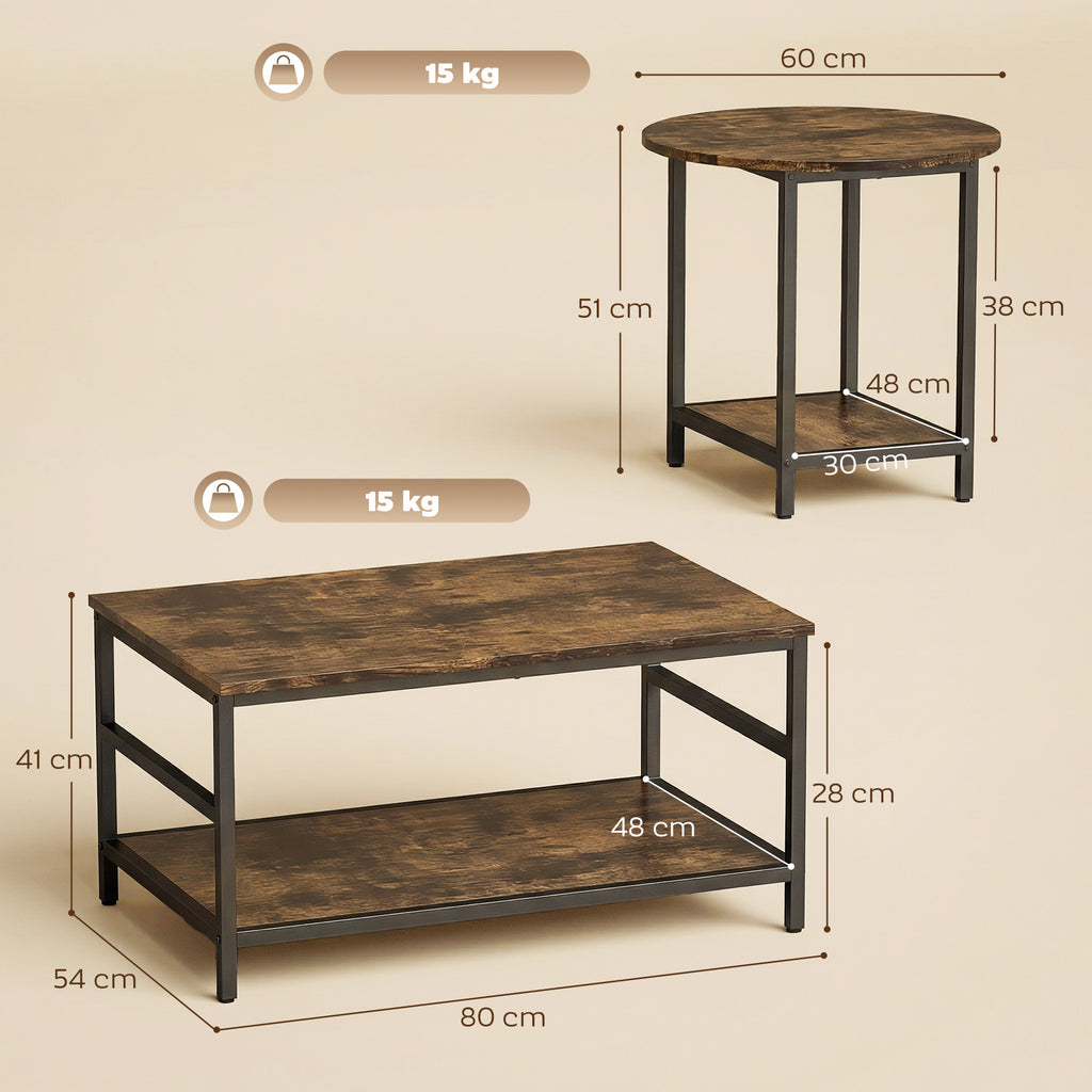 Couchtisch-Set, 2-teilig, rechteckiger und runder Tisch mit 2-stufigem Stauraum, für Wohnzimmer, Rustikal-Braun