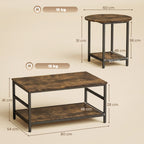 Couchtisch-Set, 2-teilig, rechteckiger und runder Tisch mit 2-stufigem Stauraum, für Wohnzimmer, Rustikal-Braun