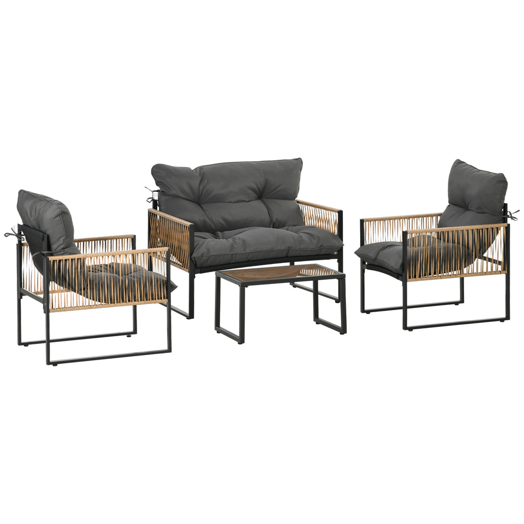 Gartenmöbel-Set, 4-teilig, Sofa, 2 Stühle, Tisch mit Glasplatte, Metallgestell, Polyrattan, Anthrazit