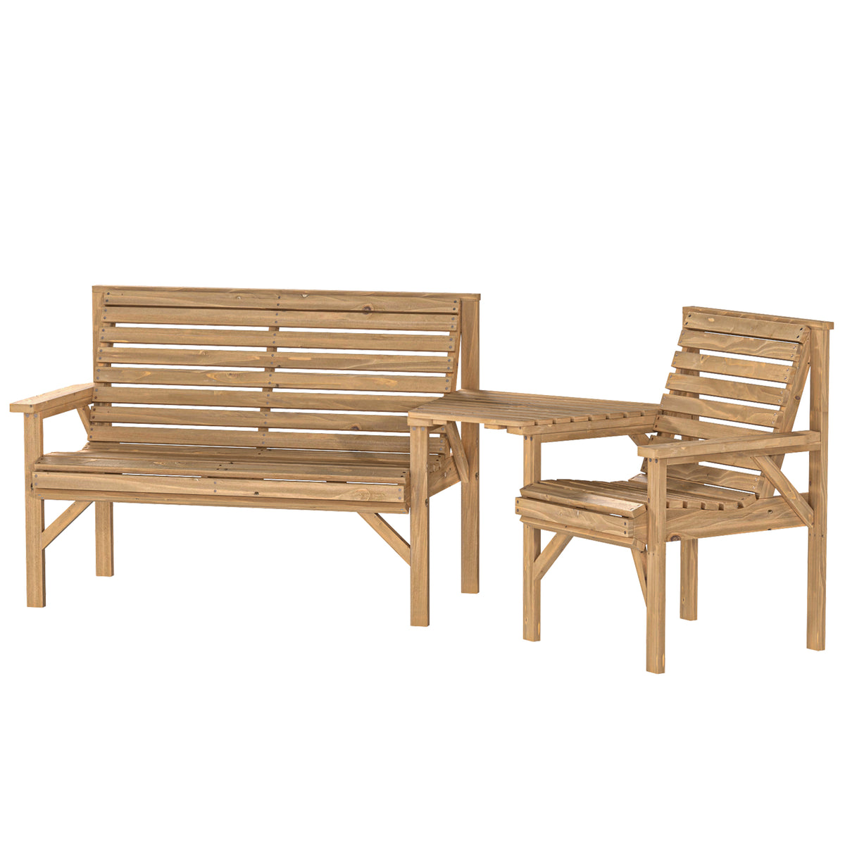 Wooden Garden Furniture Set , 1 Chair, 1 Bench and Detachable Table, Natural Wood Finish