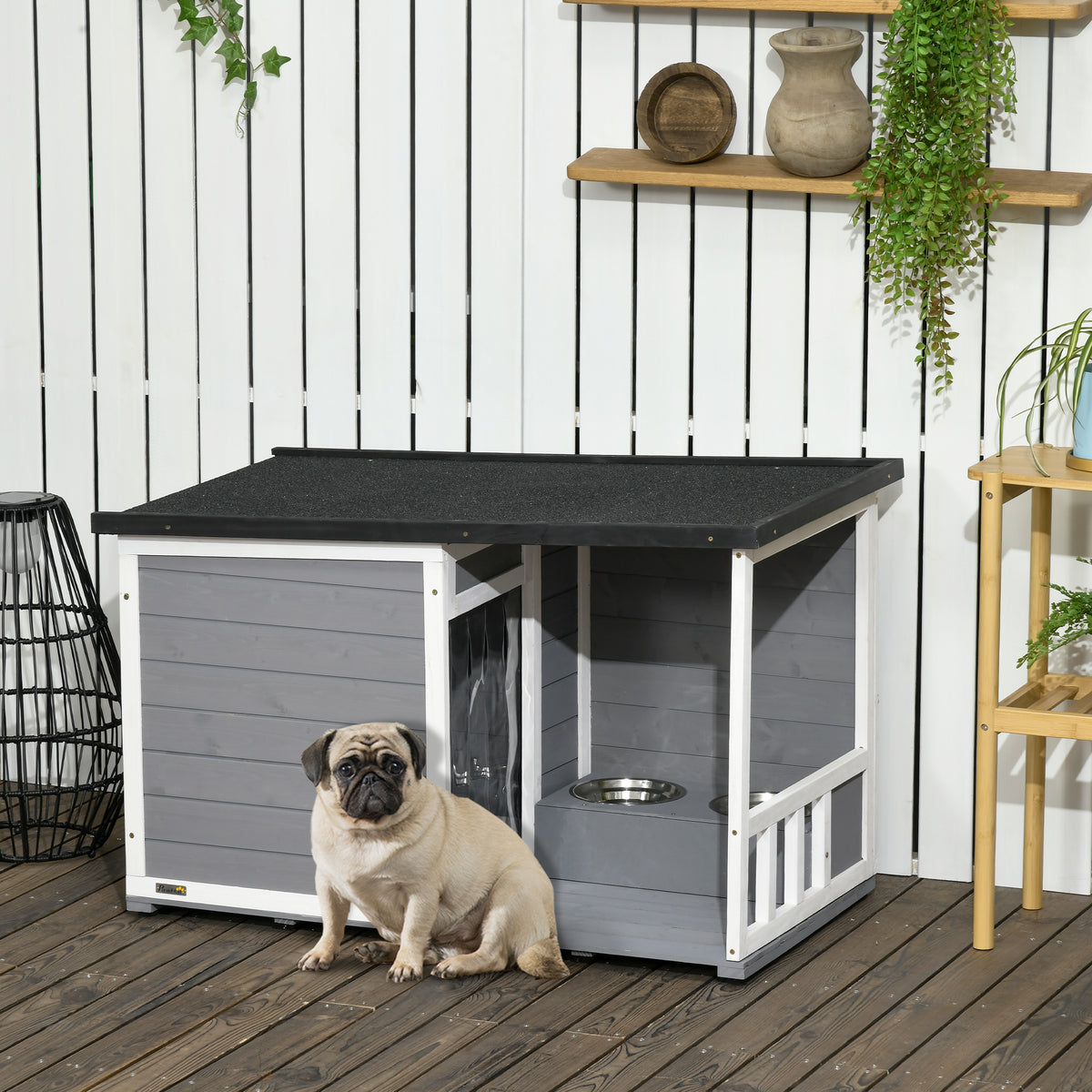  Hundehütte aus Massivholz, mit 2 Fressnäpfen, Veranda, wetterbeständig, 103 cm x 62 cm x 66 cm, Grau + Weiß