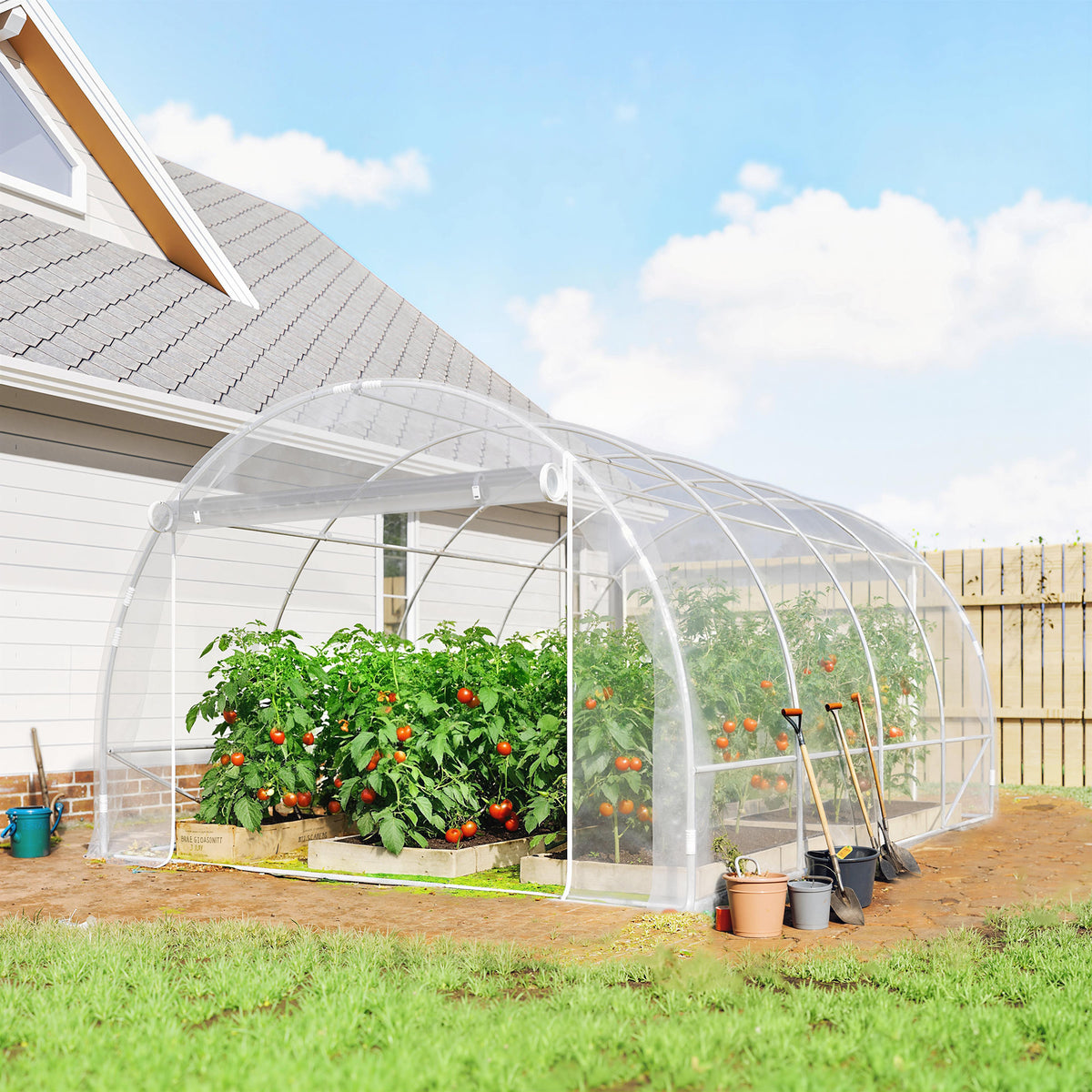 Polytunnel-Gewächshaus, begehbares Gewächshaus mit verzinktem Stahlrahmen und UV-beständiger PE-Abdeckung, transparent