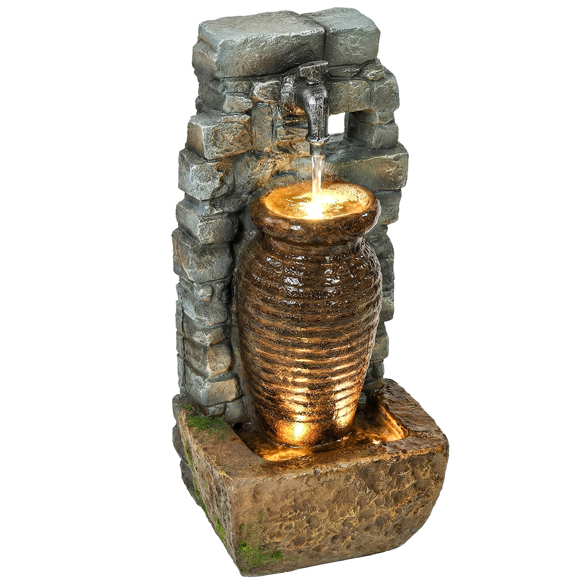 Gartenbrunnen mit einstellbarem Wasserfluss und 3-stufiger rustikaler Steinwand im Krugdesign