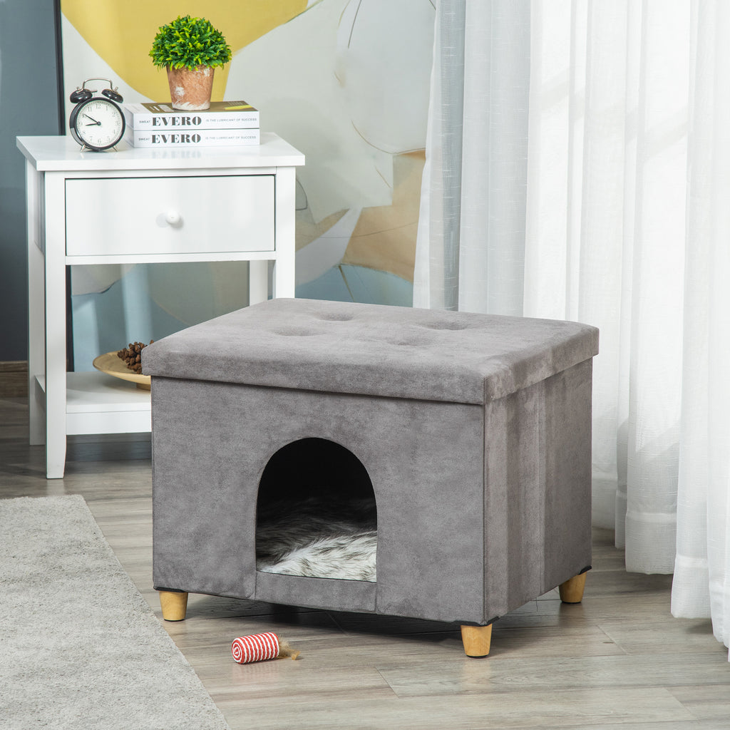 Katzenhöhle Katzenbett 2-IN-1 Katzenhaus Fußhocker mit Kissen Holzbeine Katzenzelt Haustierhaus Grau 60 x 45 x 44,5 cm