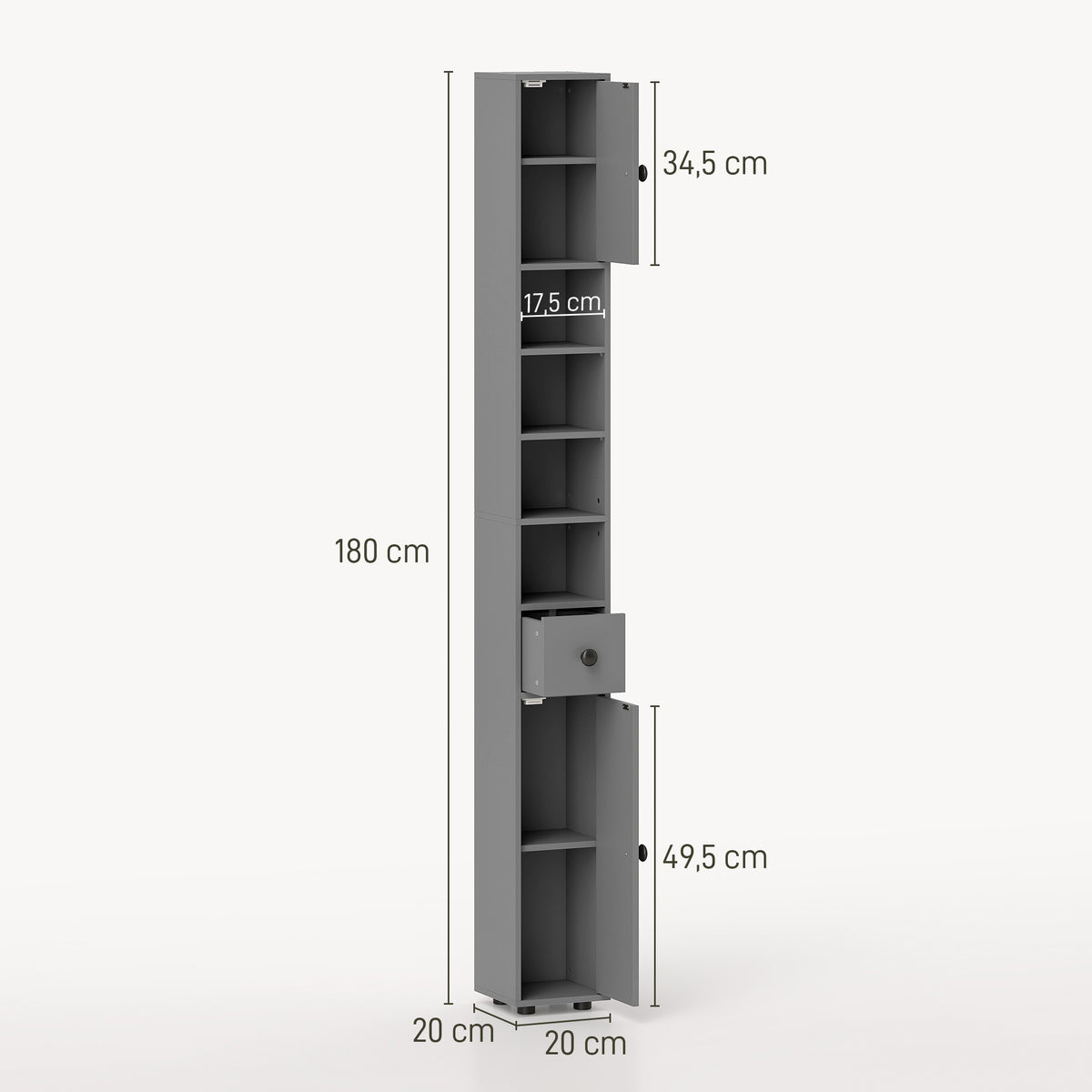 Badezimmerschrank, 4 Regale, Schublade, Spanplatte, schlankes Design, Grau