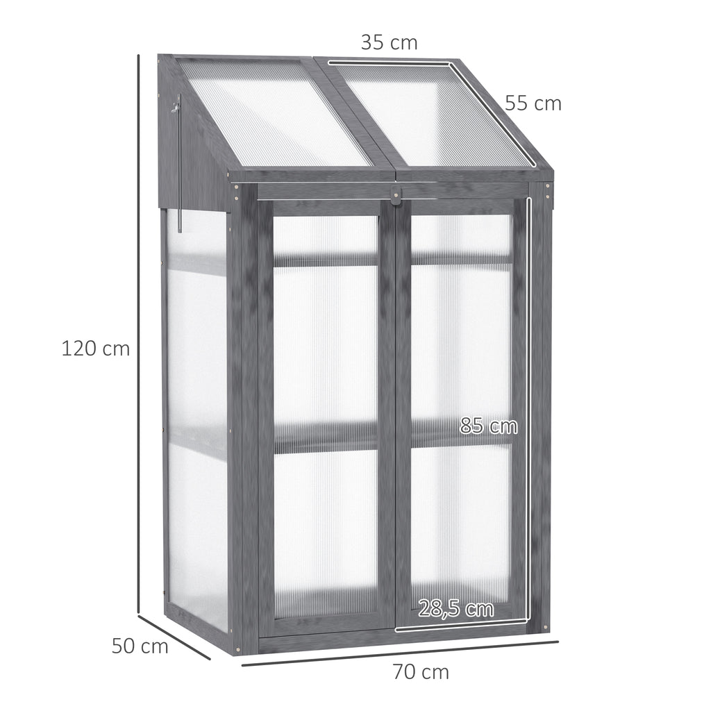 Mini-Gewächshaus, kleines Treibhaus mit Holzrahmen, Fenster und Doppeltür, 3 Regale, 70L x 50B x 120H cm, Grau