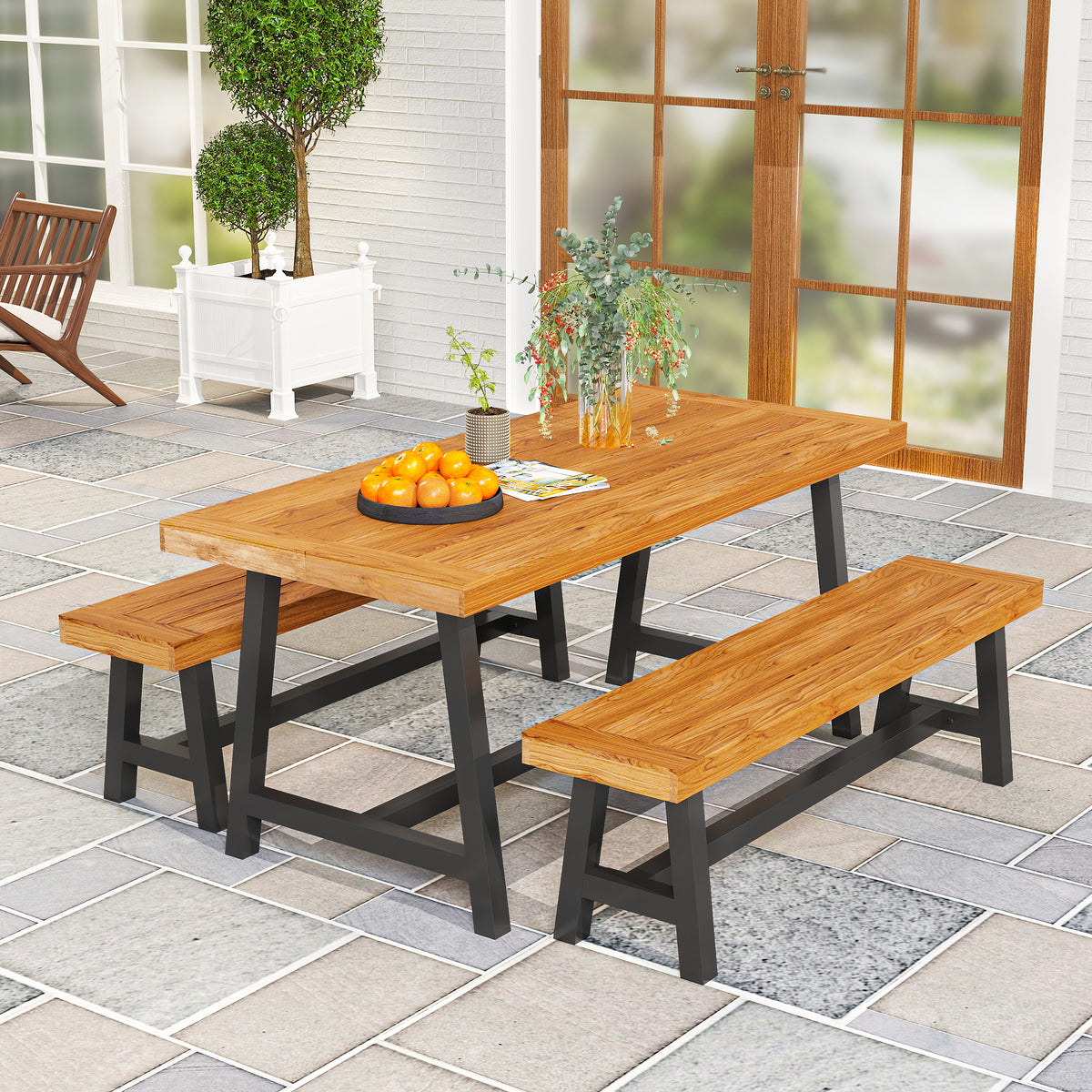 Sitzgruppe 3-teilig Holz Essgruppe für 4 Personen Esstisch mit 2 Bänke Teak