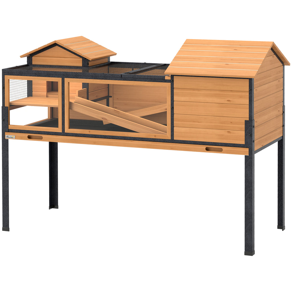 Wooden Tortoise House with Stand Legs, Clear Observation Windows, Ramps, Openable Top, Built-in Tray, Yellow