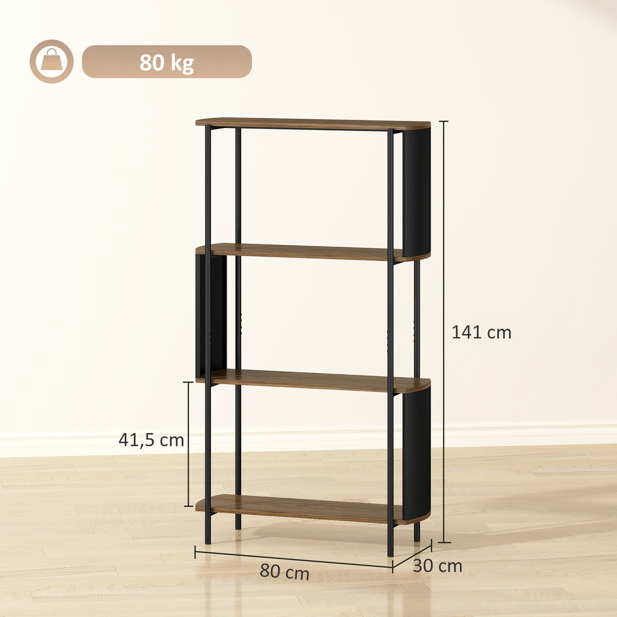 Bücherregal, Standregal mit 4 Ebenen,geschwungenem Design, für Wohnzimmer, Schlafzimmer 80 x 30 x 141 cm, Braun