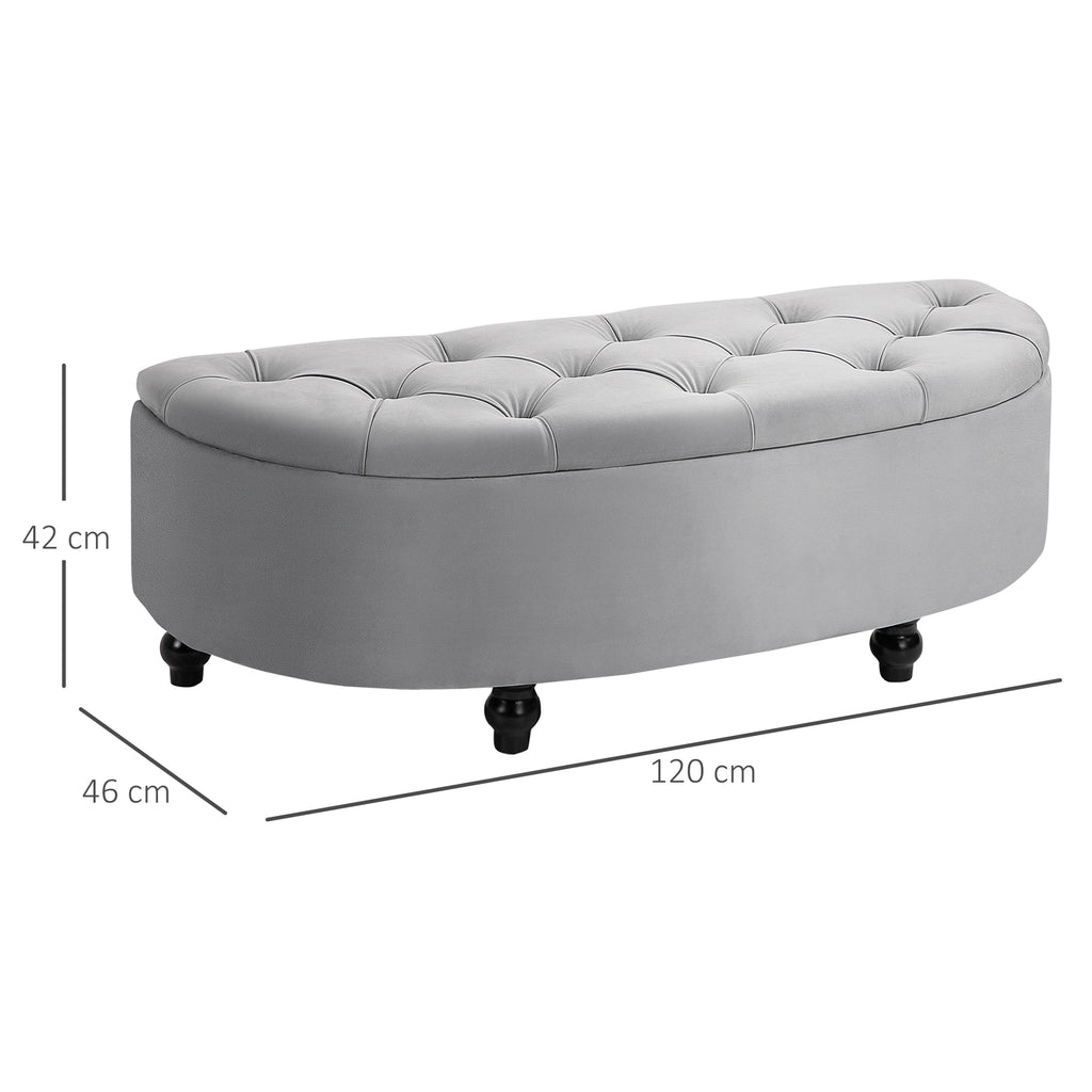 Sitzbank mit Stauraum Polsterbank mit Samtoptik, geöffnetem Deckel Sitztruhe mit Holzbeine, Truhenbank für Wohnzimmer Flur Schlafzimmer 120 x 46 x 42 cm, Grau