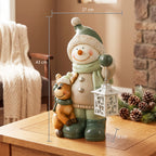Schneemann-Figur 43 cm aus MGO mit LED-Laterne und Timer, für Eingangsbereich & Türbereich
