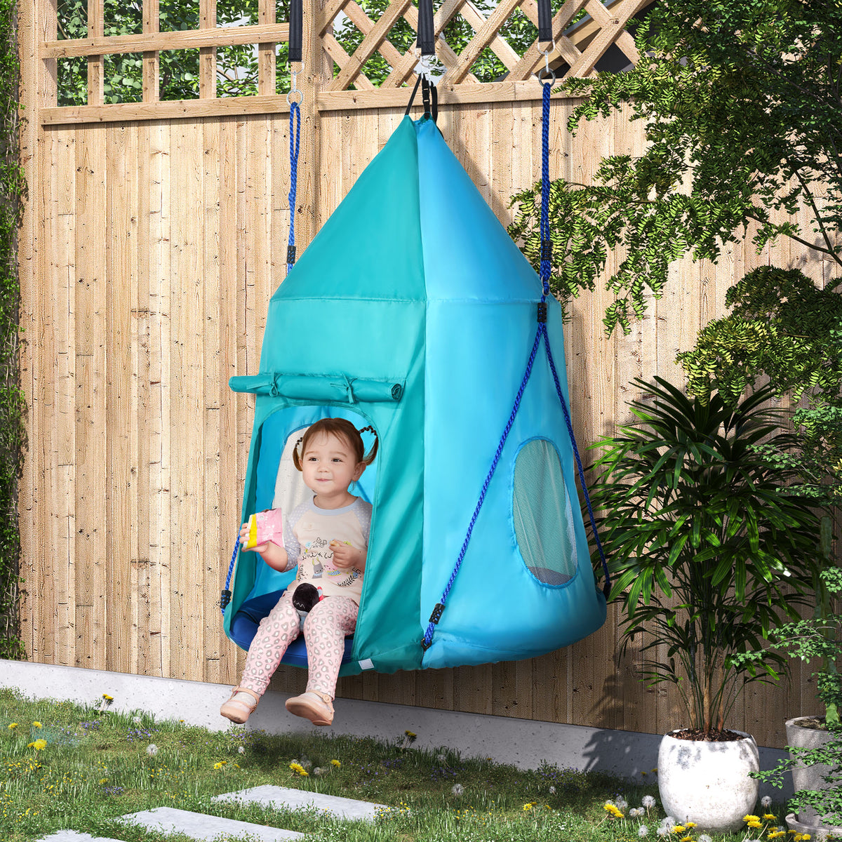 Nestschaukel mit Zelt, Ø100 cm, längenverstellbare Seile, wasserdicht, bis 150 kg belastbar, blaugrün