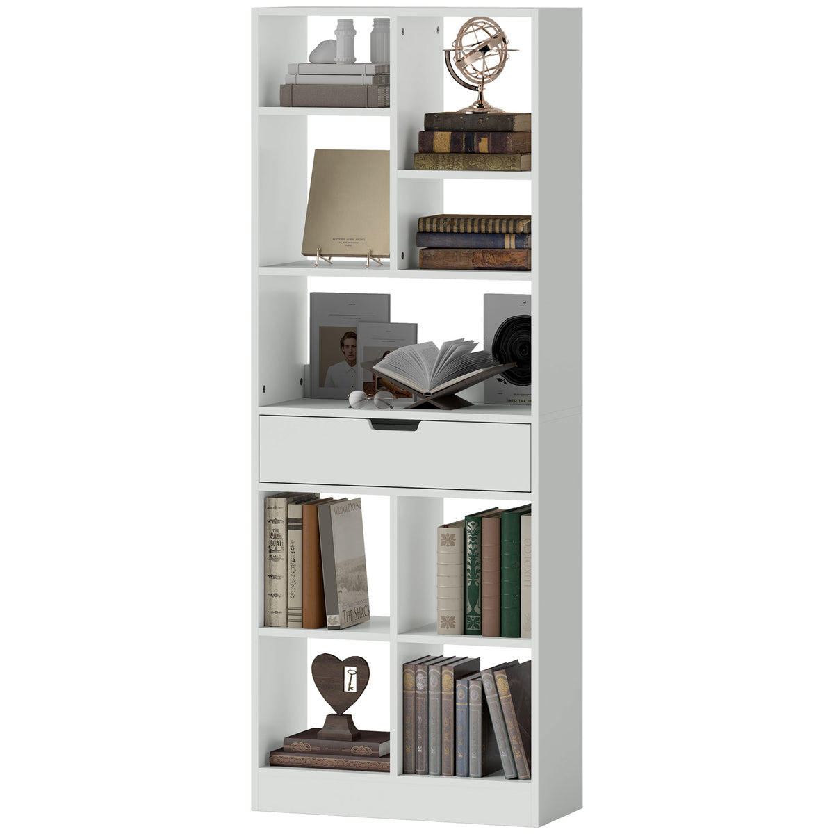 Bücherregal, Mehrzweckregal, 9 Fächer, Schublade, Kippschutz, 60 x 26 x 158 cm, Weiß