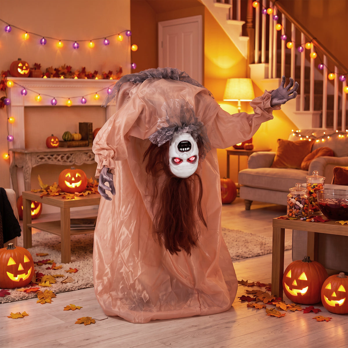 Animated Halloween Ghost, Halloween Animatronics with Creepy Screams, Glowing Eyes, Sound/Touch Activated