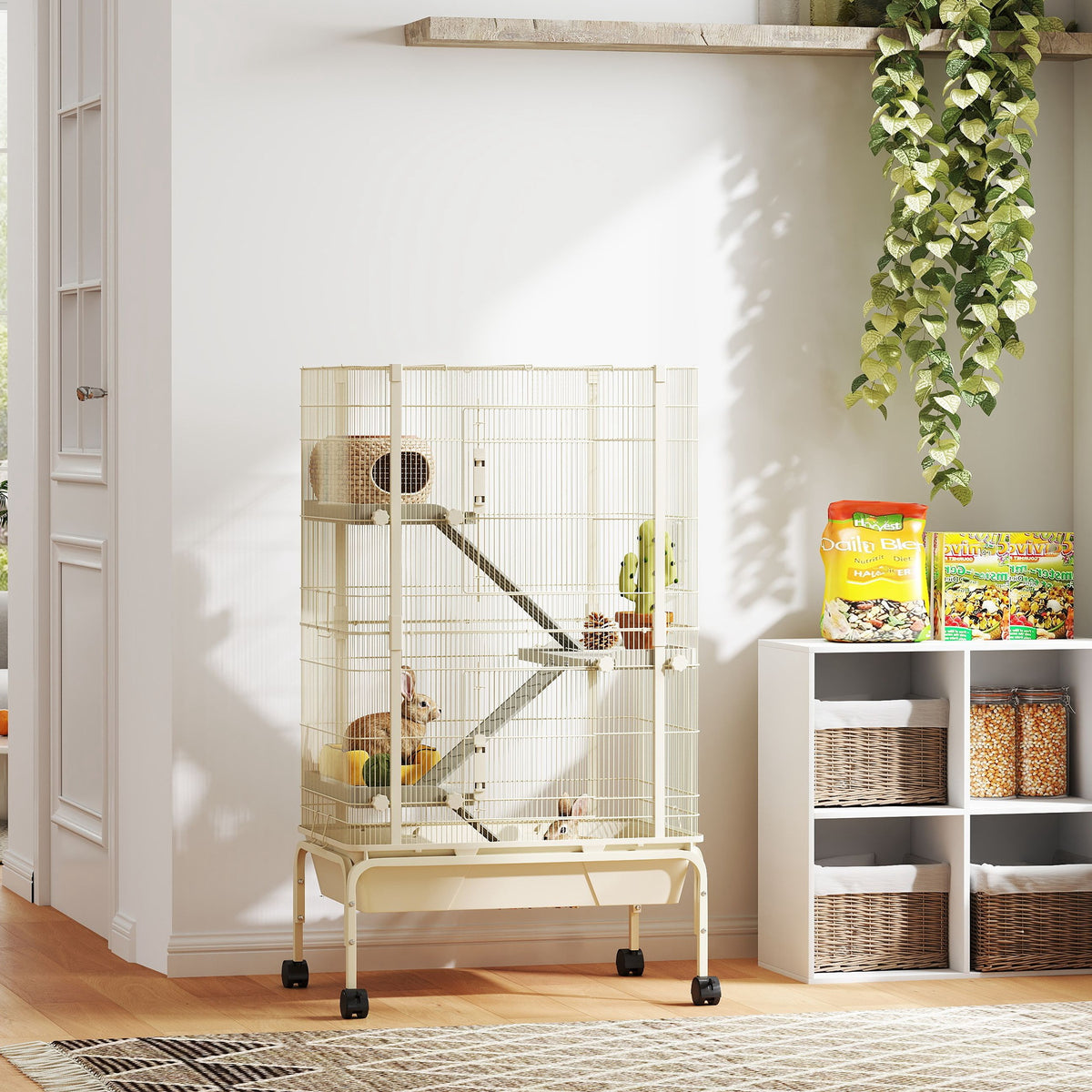 4-Level Rolling Small Animal Cage, Rabbit Cage with 3 Ramps, Water Bottle, Food Dish, 15cm Deep Tray, Beige